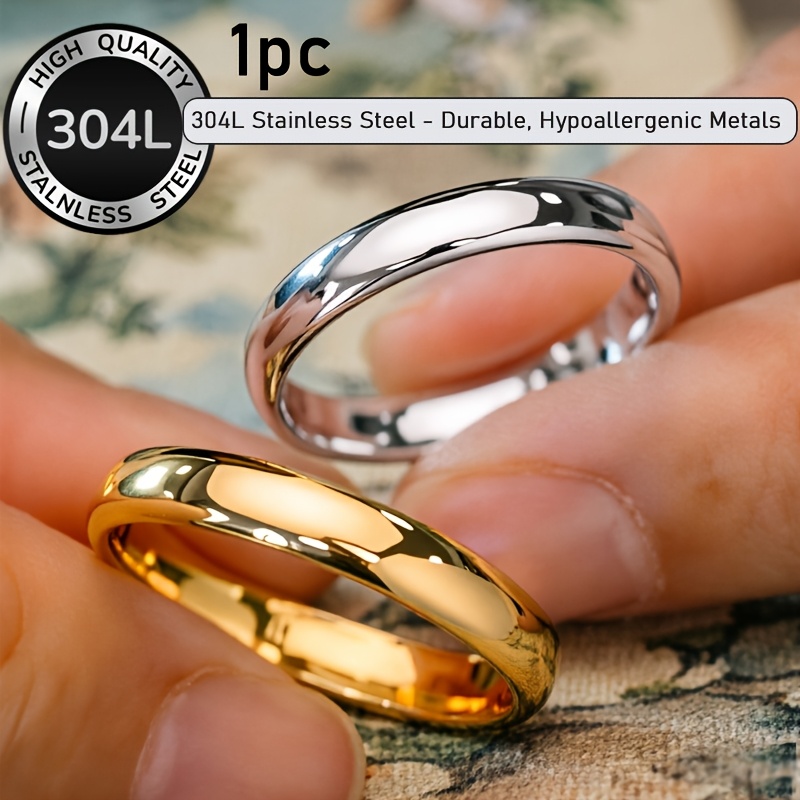 TEMU Amn Jewelry 1pc Luxurious 18k Gold Plated Ring For Women And Men, Round 4mm 304l Stainless Steel Engagement Wedding Band- Waterproof, Fade