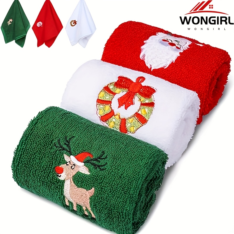 

3pcs Wongirl Christmas Towels Set - Soft Absorbent Cotton With Santa, Reindeer, And Wreath For Use