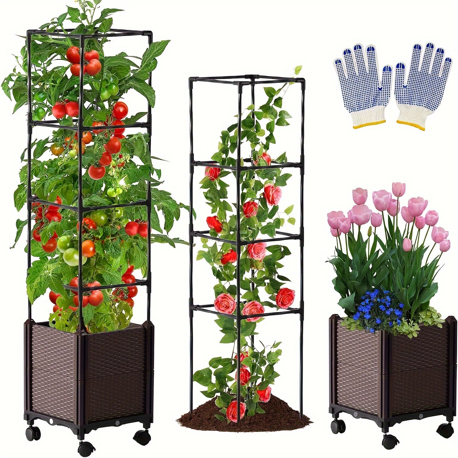 

Raised Garden Bed Planter Box With Trellis, 47" Self-watering Tomato Planter Pots With Cage For Outdoor Garden Planter Climbing Plants Vegetable Vine Indoor Flower Pot 7.1 Gallon