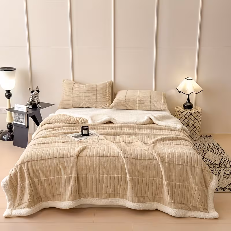 1pc luxury fleece thick double layer blanket plush winter bedspread machine washable cozy throw for bed sofa outdoor decor in brown navy burgundy dark green light green pink Product details 4