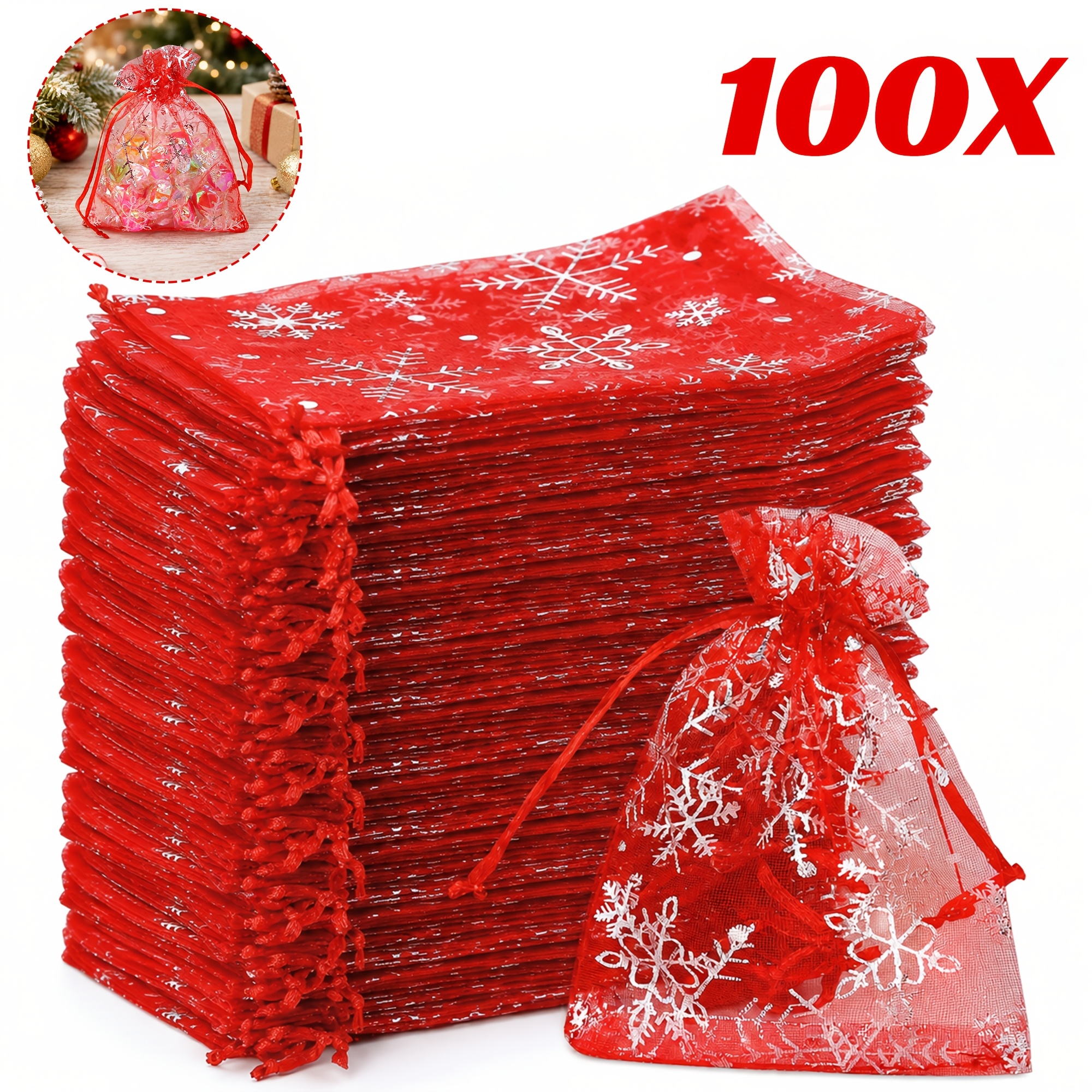 TEMU 100 piezas Bolsas de regalo de organza navideña con cordón y copo de nieve plateado, bolsitas de embalaje transparentes para joyería y regalos