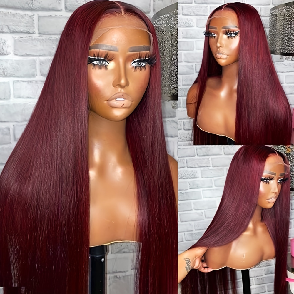 

32 Inch Burgundy Color Long Straight Lace Front Wigs For Women Glueless Heat Resistant Synthetic Hair Replacement Wig For Daily & Party Cosplay Use