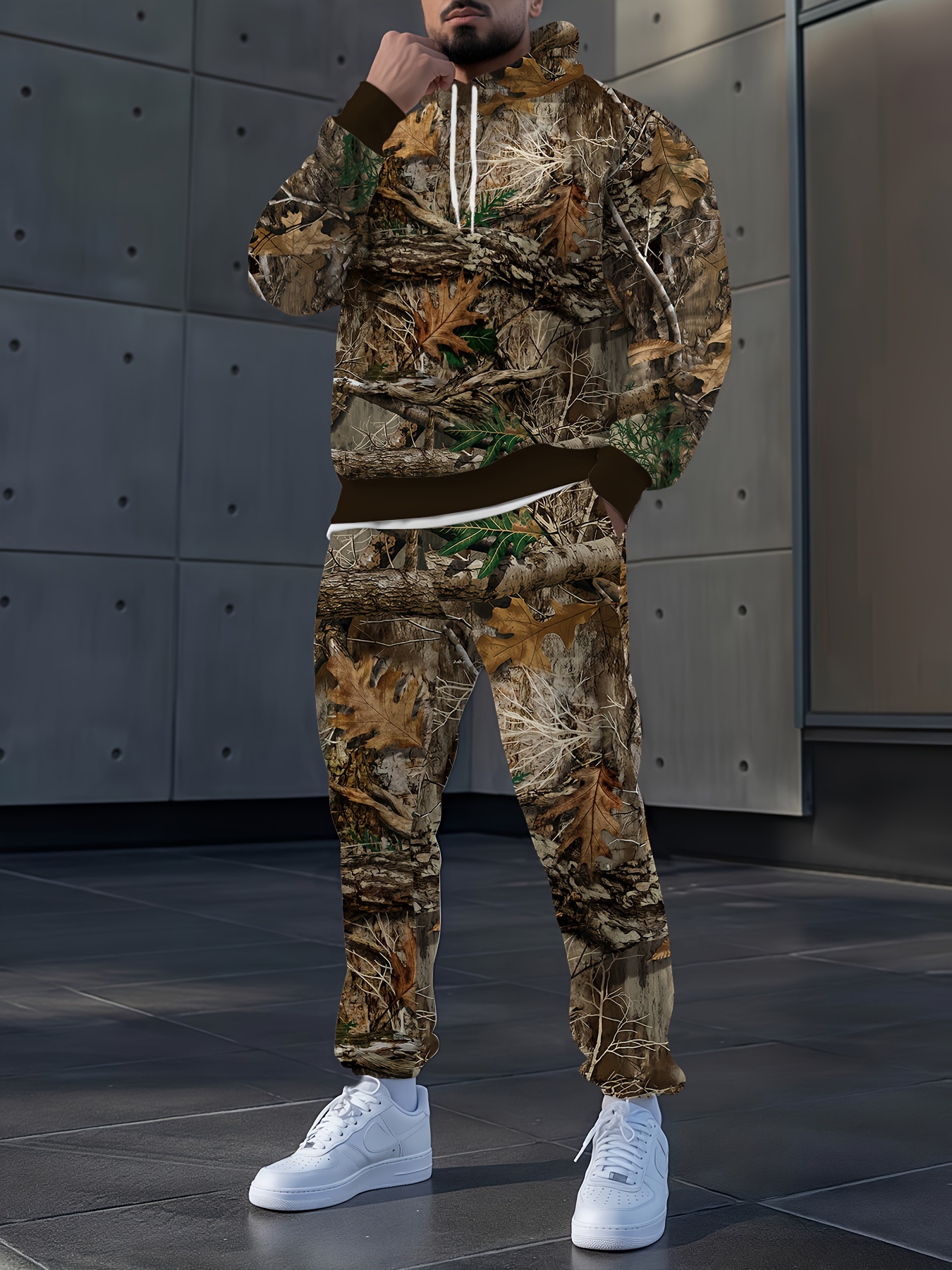 mens 2pcs jungle camouflage print hoodie pants set realistic leaf pattern   outfit adjustable drawstring hood matching couple set for outdoor hunting casual wear machine washable autumn winter clothing wcb1778 0