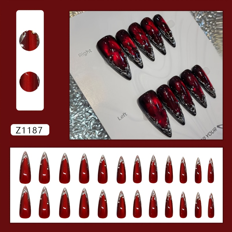 TEMU Metallic Irregular Three-dimensional Thorn Burgundy Cat-eye European And American Ins-style Detachable Press-on Nails