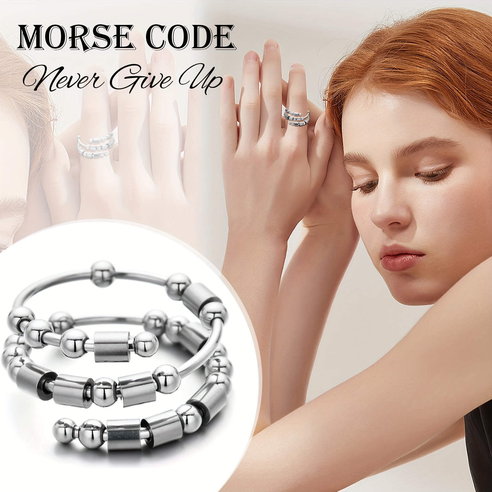     code ring never give up ring with rotating stainless steel beads adjustable   fun motivational gift Product details 2