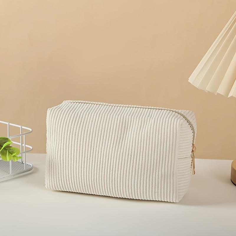 

Corduroy Travel Makeup Bag - Large Capacity, Scent-free Cosmetic Organizer In Cream/black