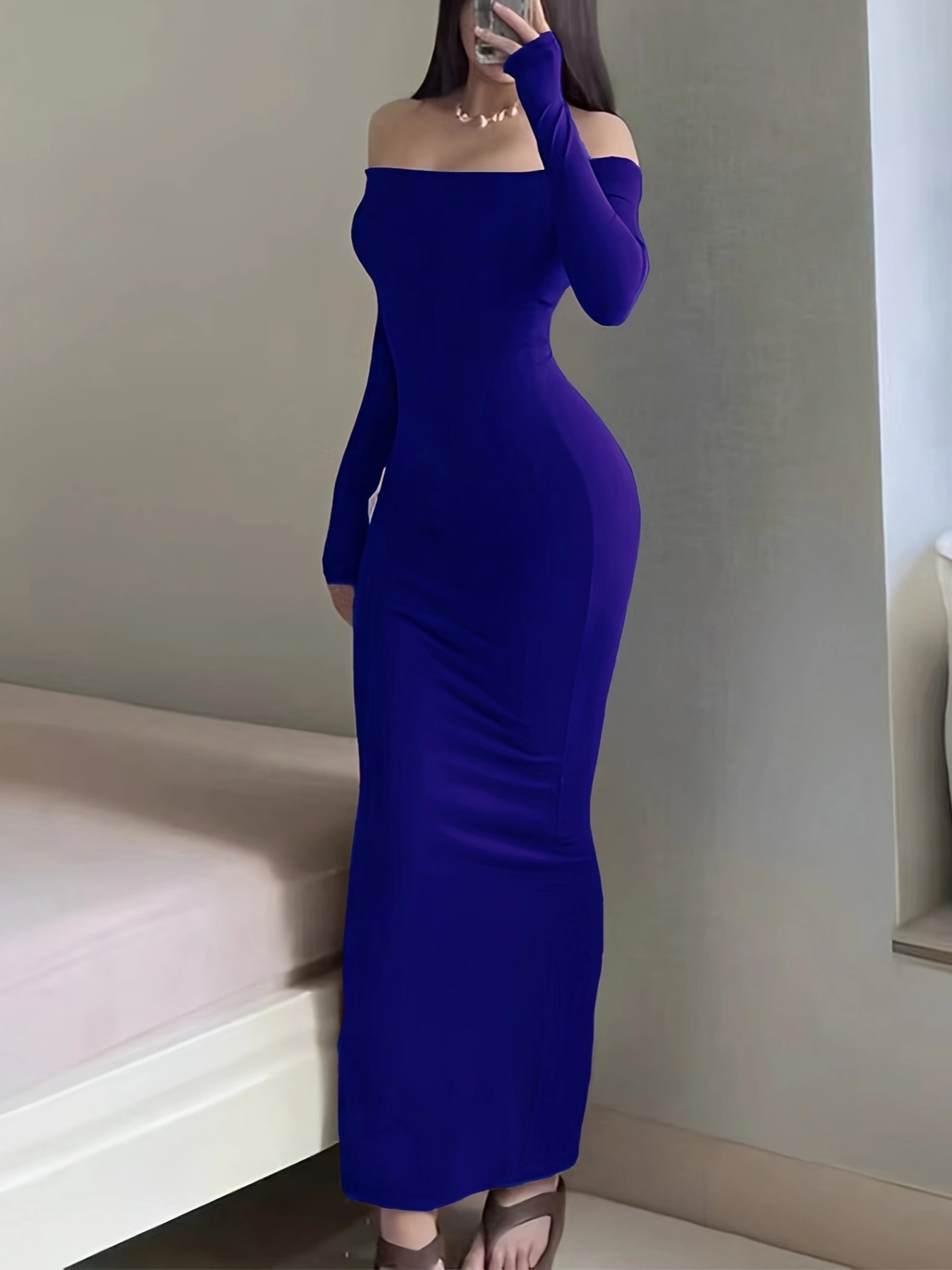 1pc fit shoulder long sleeve maxi dress spring autumn - Temu
