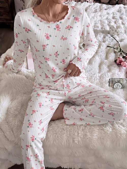 2026 new womens cute and comfortable floral print ribbed long sleeve top and pants set flirty floral pajama outfit warm autumn winter clothing