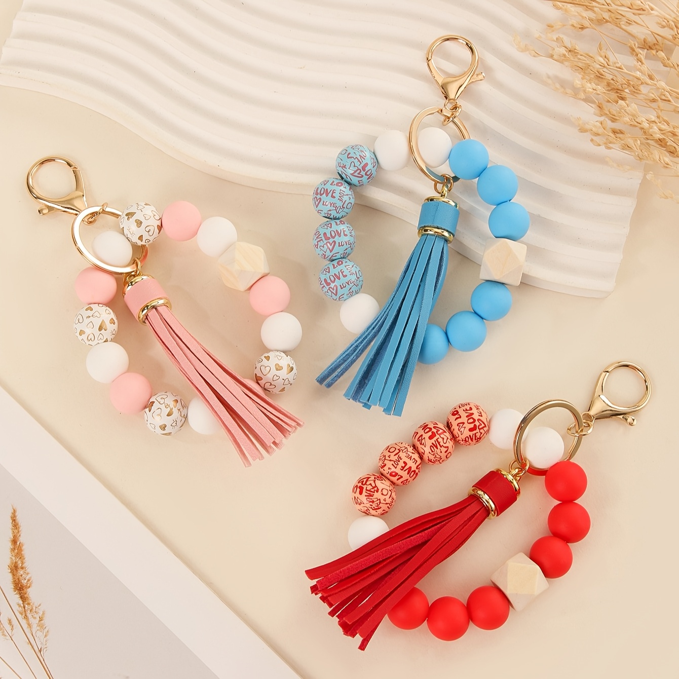 

Silicone Beaded Keychain Print Wooden Beads, Casual Bag Charm For , Creative, Pendant