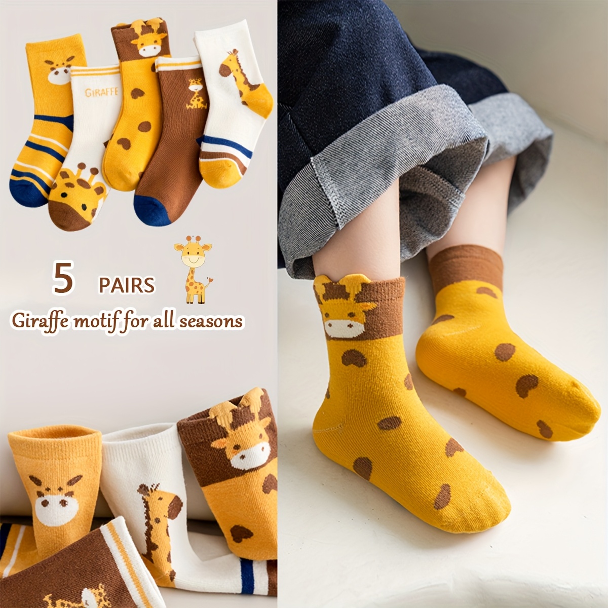 5 Pairs Of Boys' Giraffe Print Crew Socks (ages 1-12) - Suitable For Boys, Soft And Adorable Mid-calf Socks Are Machine Washable