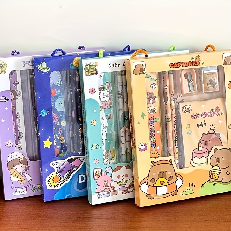 24pcs 4 sets of cute cartoon stationery sets exquisite pencil sets with   including pencils rulers erasers sharpeners and notebooks   classroom rewards back to school supplies and holiday gifts