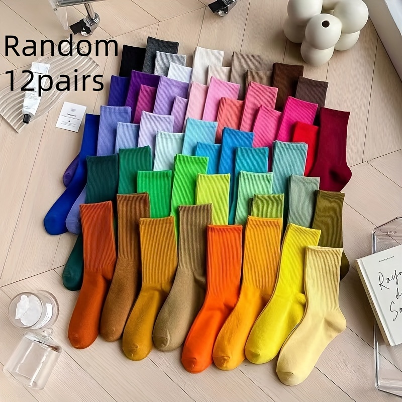 

12pcs Vibrant Candy-colored Mid-calf Socks - Breathable & Sweat-absorbent Polyester , Machine Washable, Assorted Colors For , Cute Socks