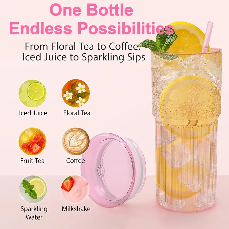 22 5oz set of 2 glass cups with lids and straws pink clear glass water cups for iced juice tea milk smoothies and cold or hot drinks glass iced tea cups Product details 4