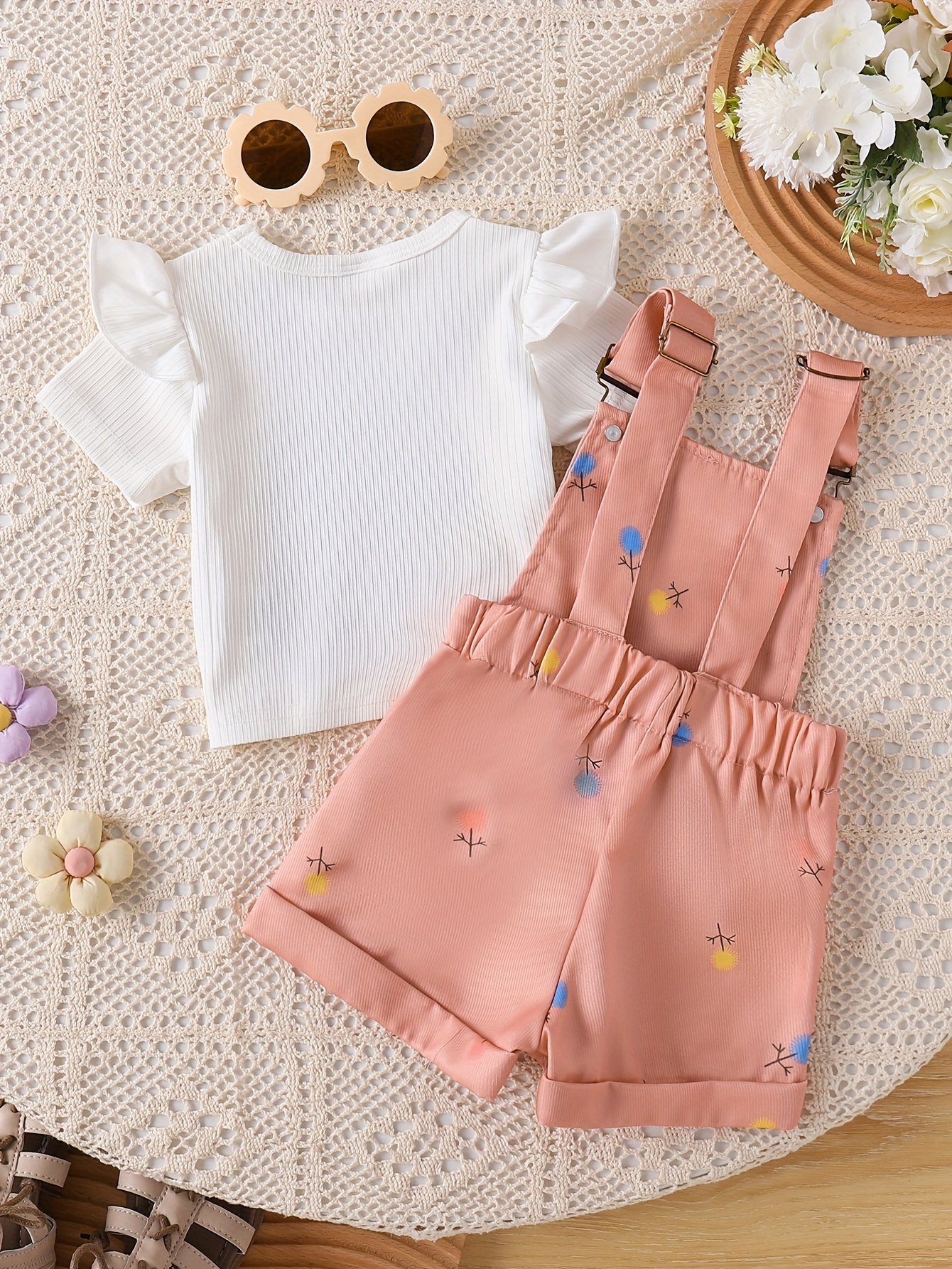 Ensemble de 2 pièces pour Filles avec Manches à Volants et Pantalon à Cordon, Léger pour l'Été, Parfait pour l'Extérieur