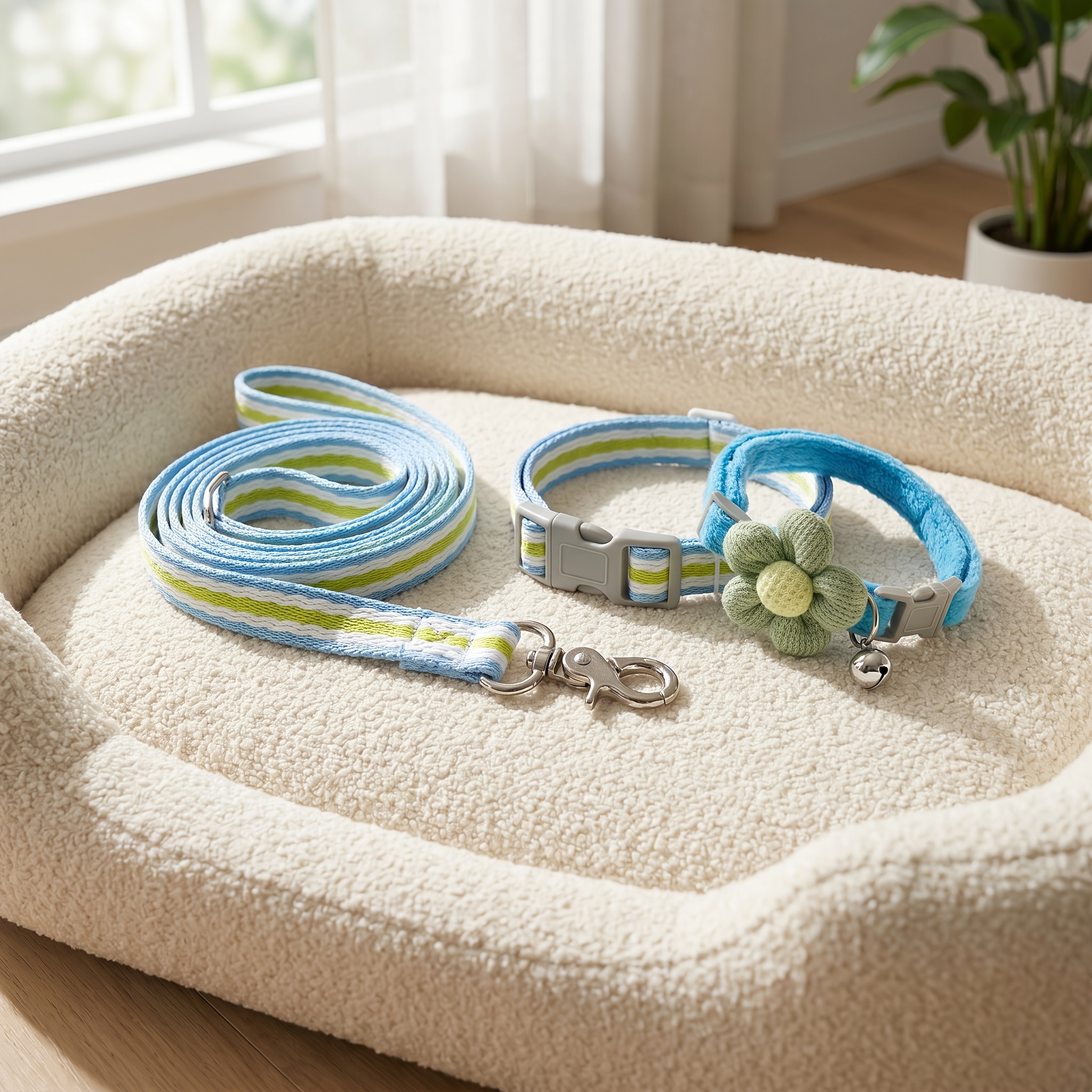 2pcs Knitted Flower Pet Collar and Leash Set