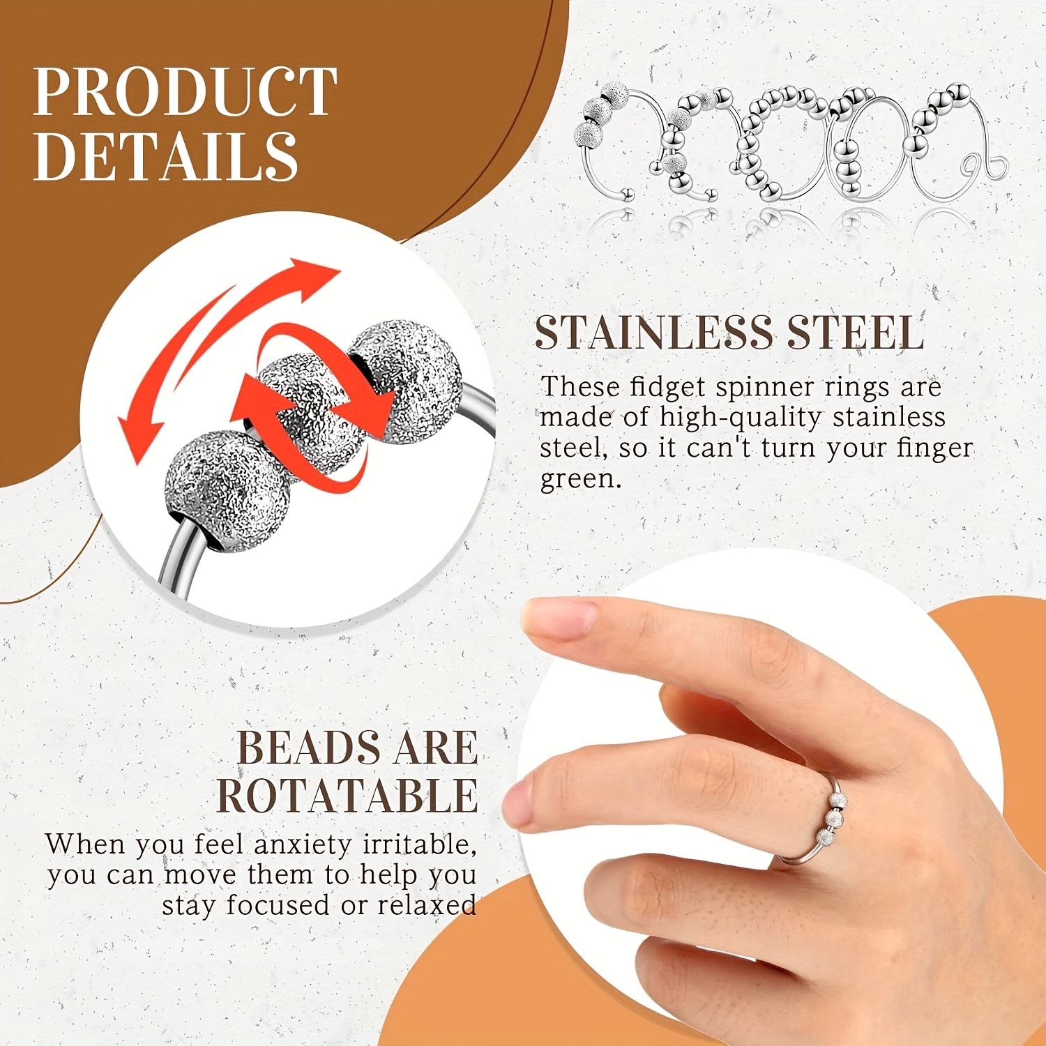 30pcs anxiety fidget ring for women stainless steel adjustable fidget spinner ring with beads for men   relief silvery Product details 4