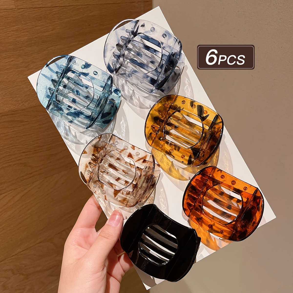 TEMU 6pcs Fashionable Transparent Color Leopard Print Curved Flat Solid Color Abalone Hair Clip Hair Clip, Flat Hair Clip On The Back Of Without The