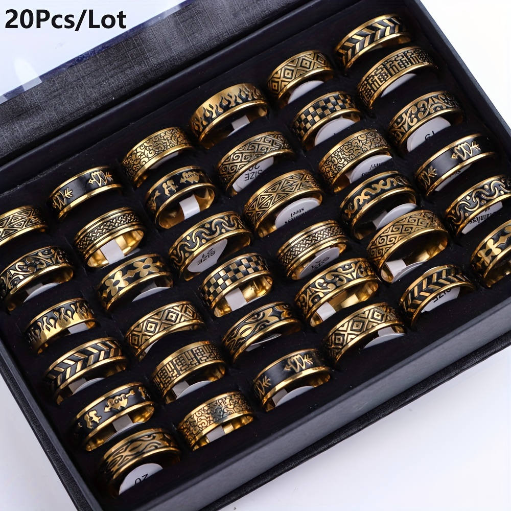 TEMU 20pcs/lot Retro Fashion Trend Black Stainless Steel Rings Suitable For Men's Leisure, Daily Work, Party Decoration Wearing, Excluding Boxes