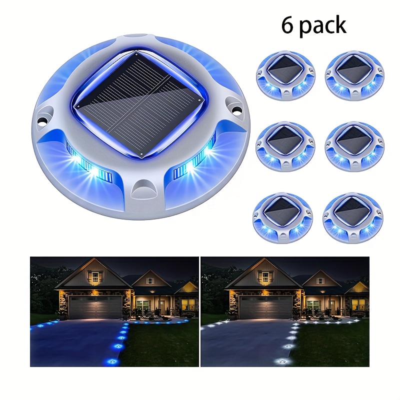 

6pcs Solar Deck Lights Driveway Dock Light Led Solar Powered Outdoor Waterproof Road Markers For Garden Step Sidewalk Stair Ground Pathway Yard 4 Pack (blue+white)