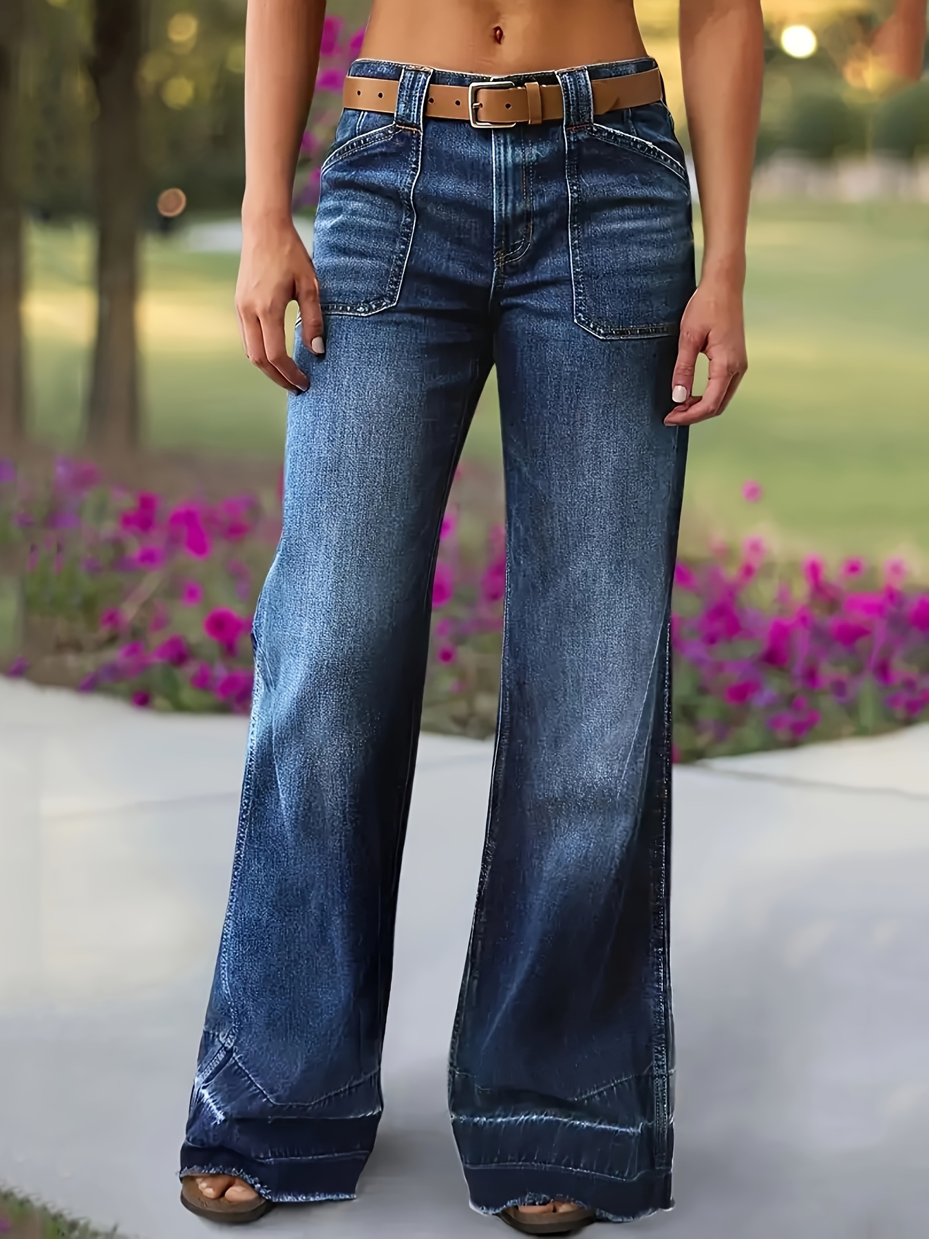 pantaloni jeans donna a larga e vita in denim Temu Italy