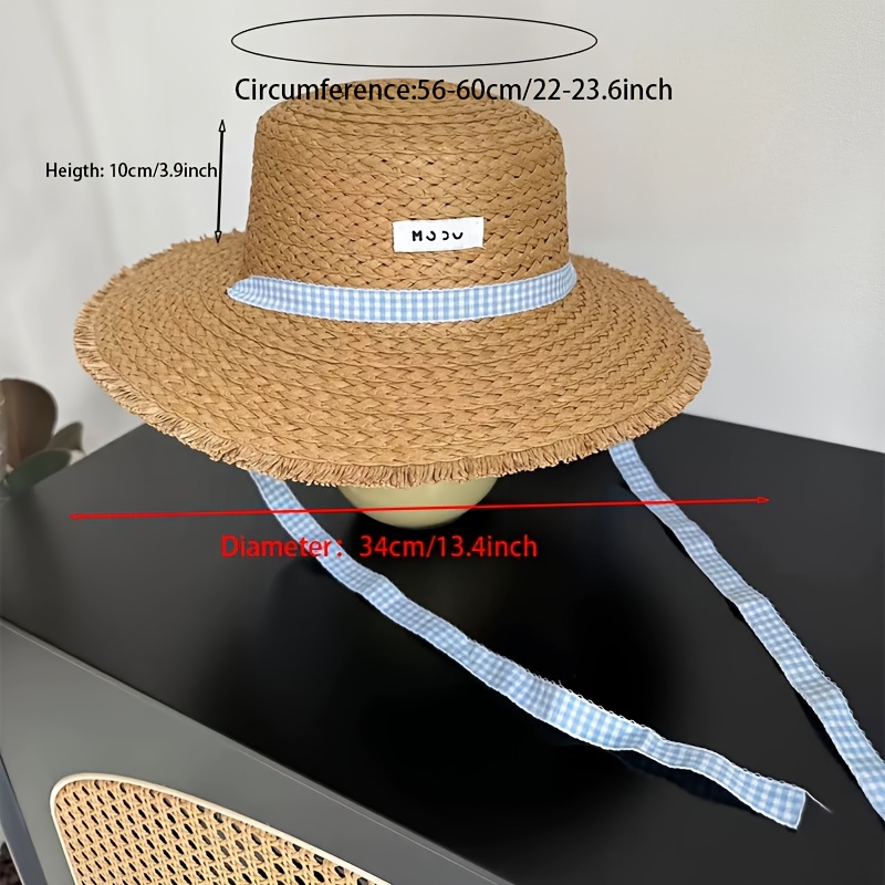 womens straw beach hat blue ribbon breathable wide brim  display picture 1