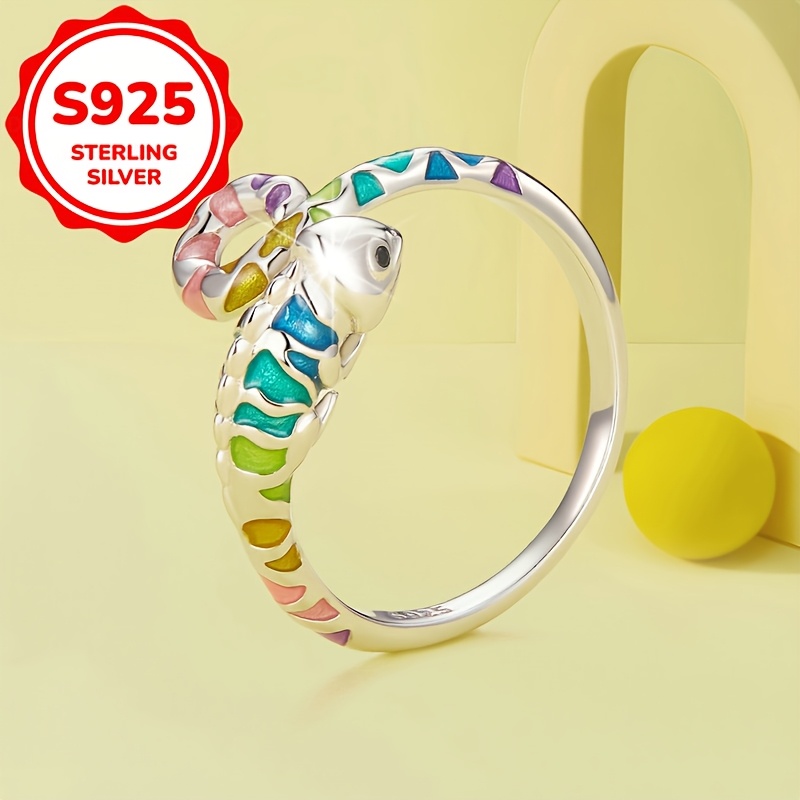 Women's Adjustable Multicolor Chameleon Open Ring, S925 Silver
