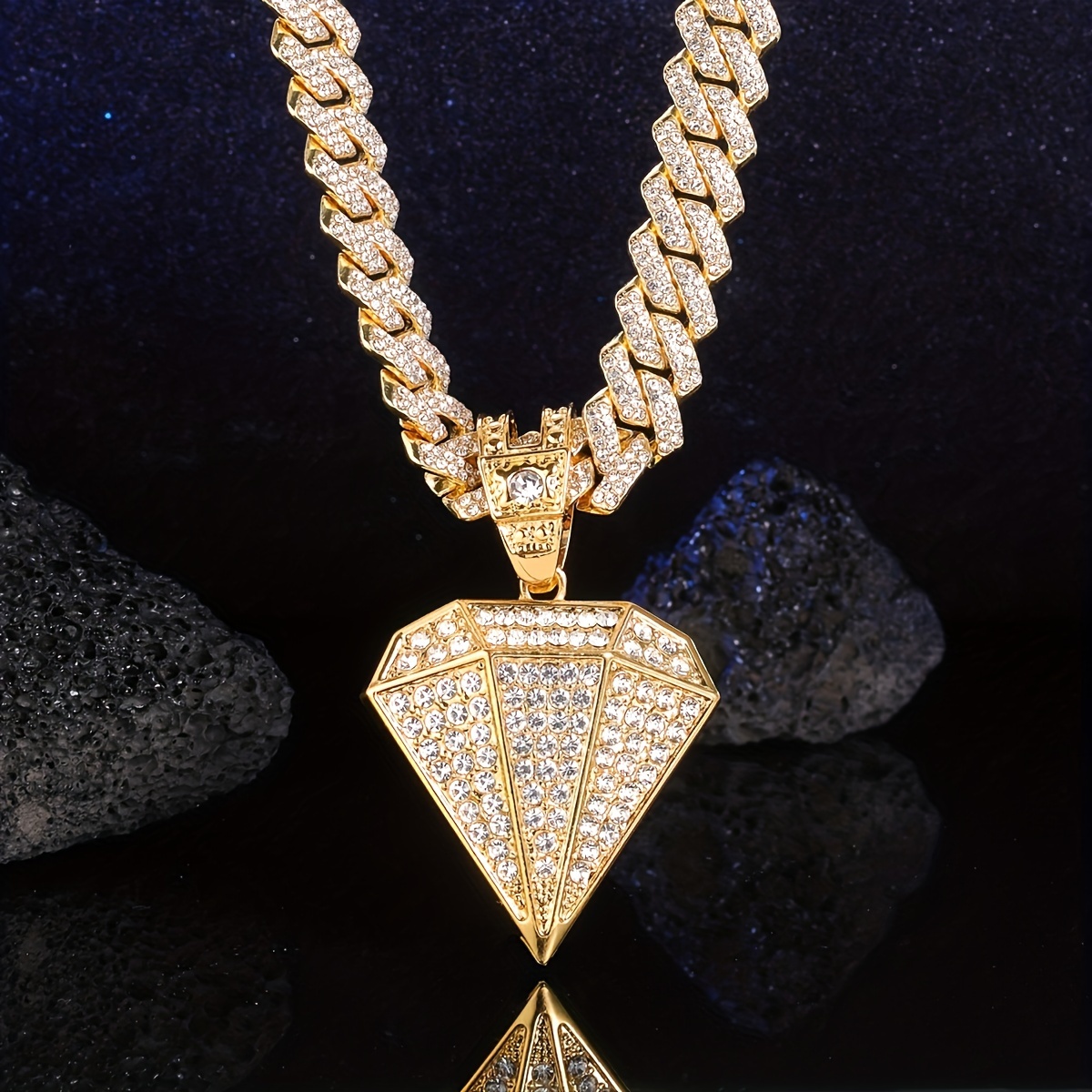 

Men's Hip-hop Sparkling Rhinestone Pendant Necklace - Golden/silvery Miami Cuban Chain - Party/casual Accessory