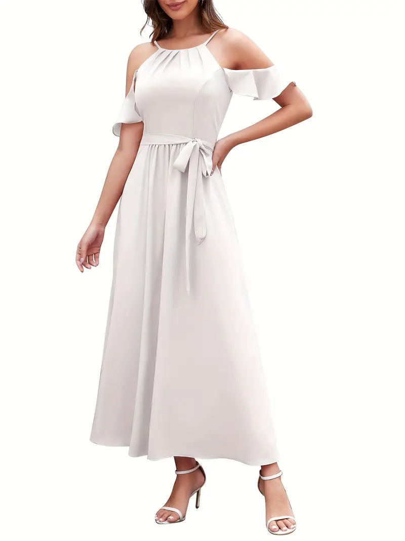 Elegant Light * Bridesmaid Dress with Ruffle Detail - High-Low Midi, Cold Shoulder Design, Tie Waist * Weddings and Formal Event Elegant Light * Bridesmaid Dress with Ruffle Detail - High-Low Midi, Cold Shoulder Design, Tie Waist * Weddings and Formal Event