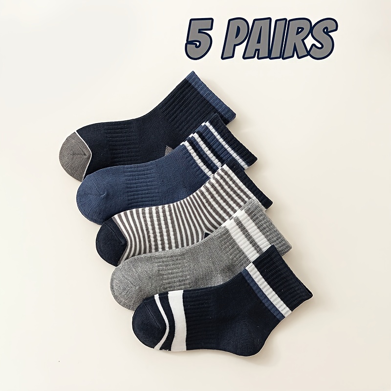 5-pack Boys' Mid-calf Socks With Stripe Pattern, Comfortable Kids' Socks For Casual And Formal Wear,fall And Winter Clothes