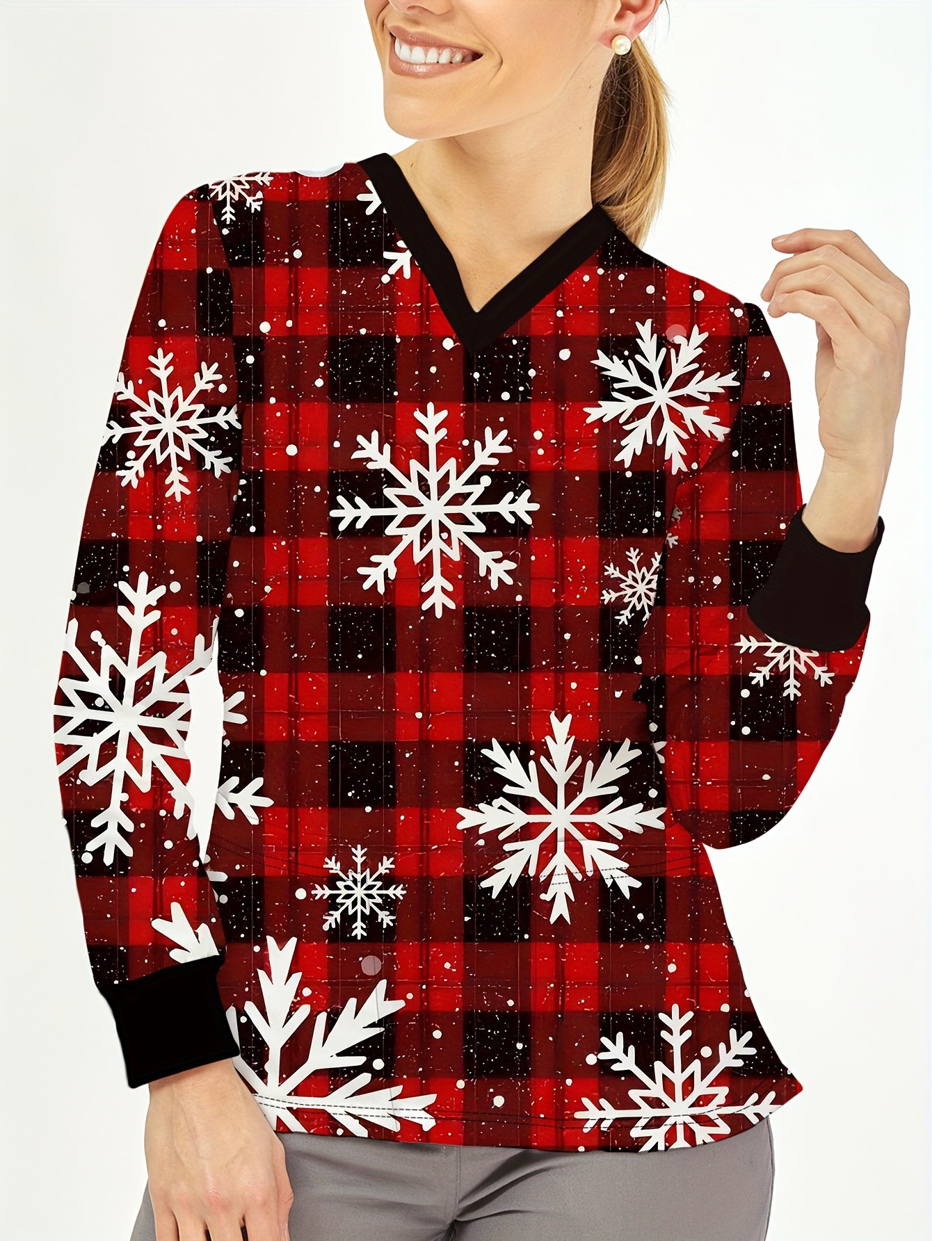 Women's Full-Body Print V-Neck Nurse Uniform with Pockets - Long Sleeve  Workwear, Machine Washable Scrubs Blouse for Healthcare Professionals  (Spring/, image size:800x1066