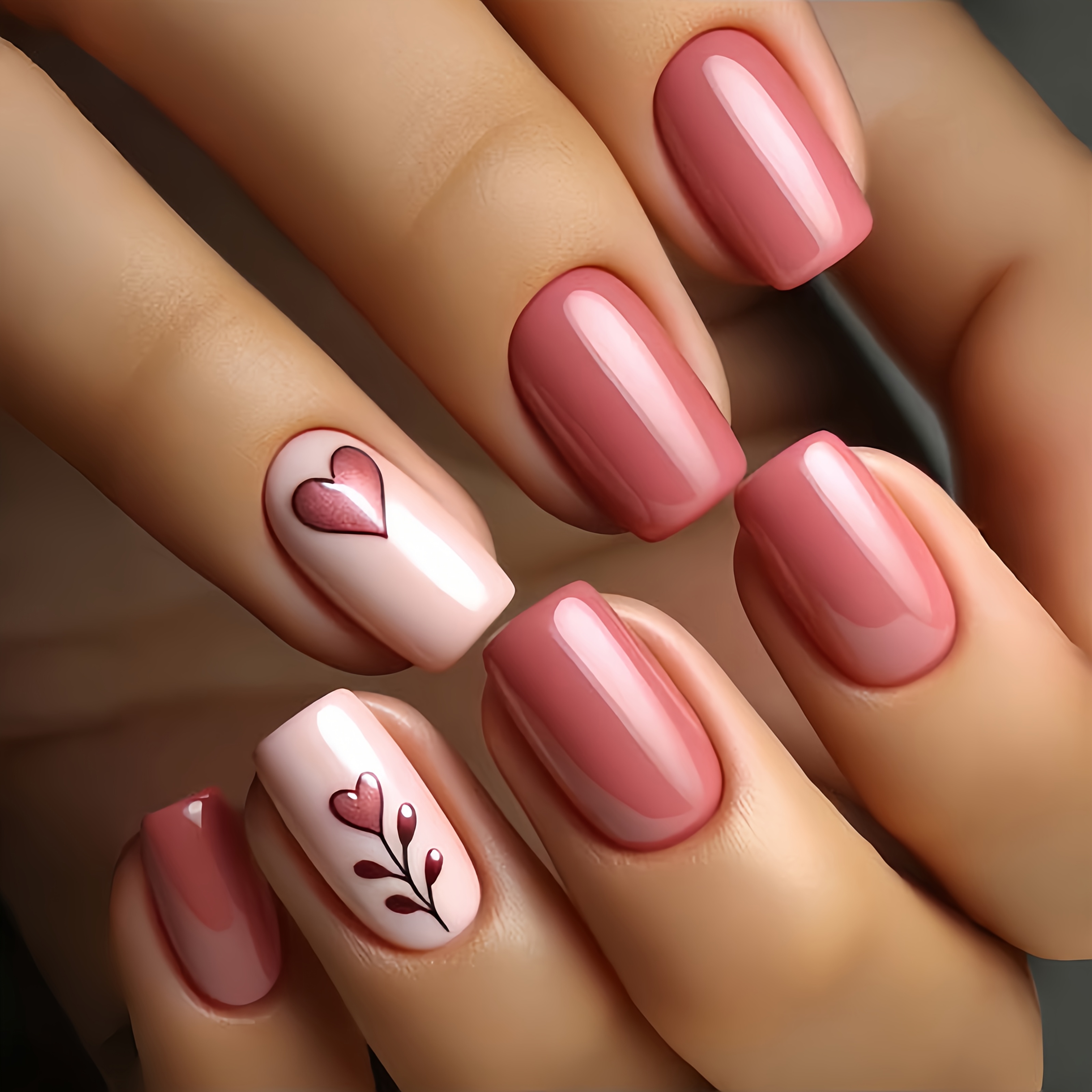 

24pcs Pink Square Shape Press-on Nails, Middle Length With Heart & Rose Pattern, Removable Nail Art Stickers For Valentine's Day, Spring/summer Tips Set