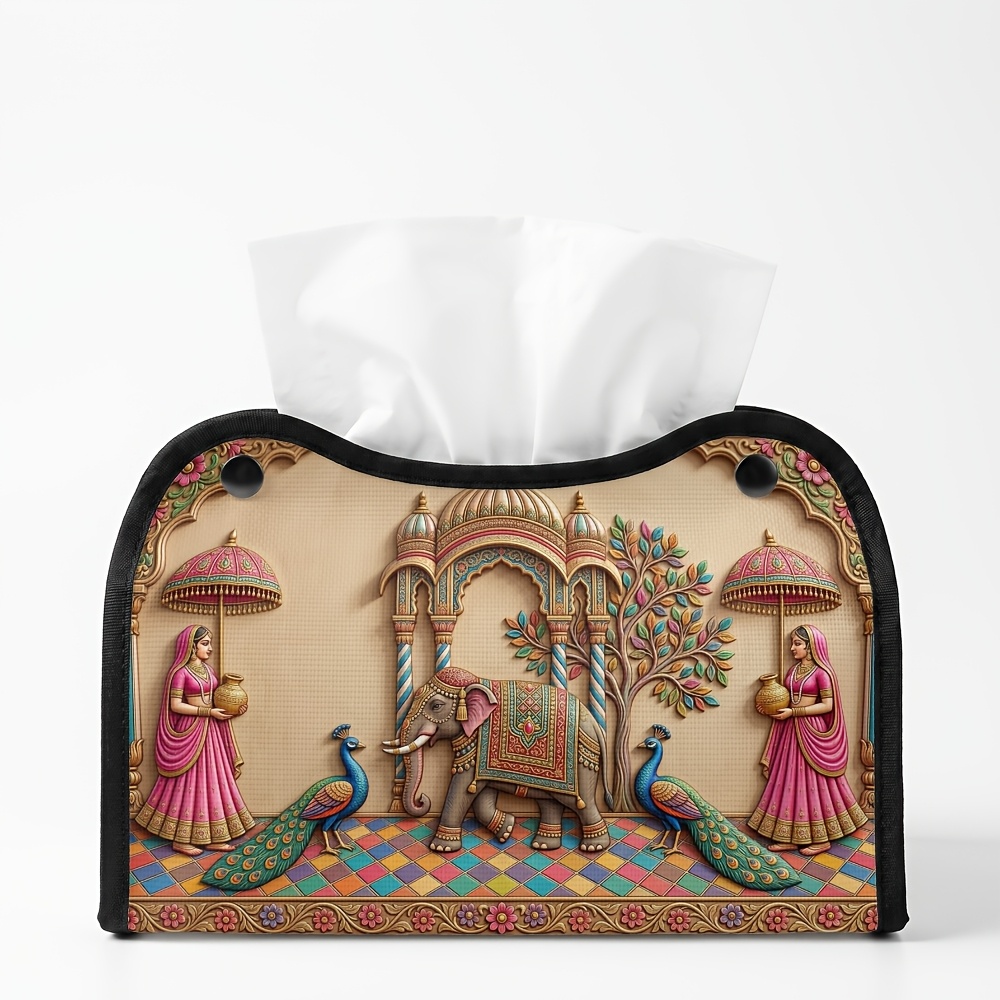 TEMU 1pc Indian Traditional Polyester Tissue Box - Archway Figure Elephant Pearooster ,perfect For Holiday Tables, Family Dinners, And Bathroom Decor