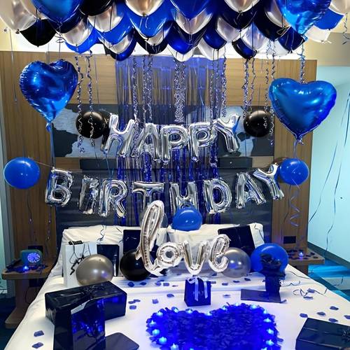 564pcs blue birthday decoration set 500pcs non woven fabric petals happy birthday banner love heart foil balloons blue black silvery thick latex balloons suitable for romantic couple bedroom decor surprise birthday party decor