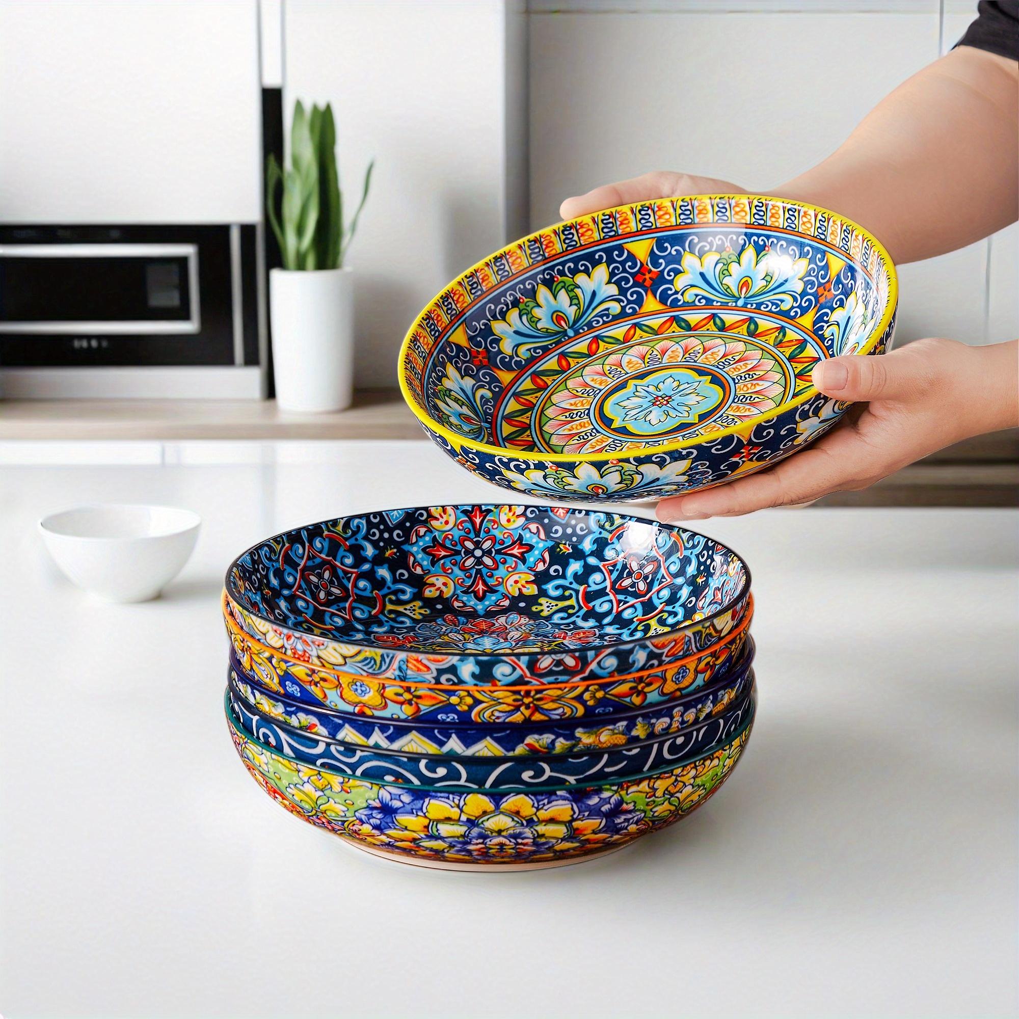 Image of Pasta Bowls, 42oz Large Ceramic Salad Bowls Set Of 6, Colorful Porcelain Serving Bowl Set - Boho Bowl For Kitchen - Dishwasher And Microwave Safe,, Holiday Gifts