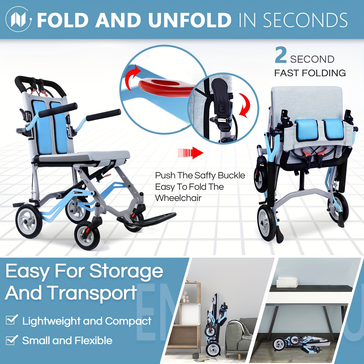 Super Lightweight (Only 8.62KG) Portable Transport Travel Wheelchair | Folding Transit Wheelchairs for Adults and Seniors Support 99.79KG, Lightweight Aluminum Wheelchair for Elderly Blue by MUJOCOOKER - Image 8