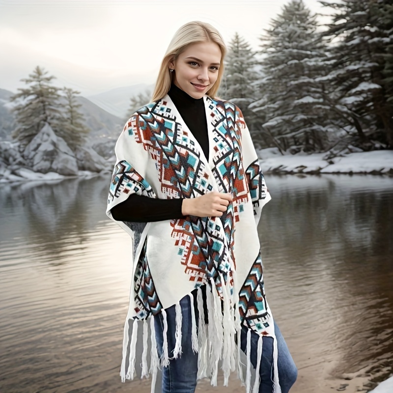 

Cozy Bohemian Knit Poncho Shawl For Women - Vibrant Tribal Pattern With Tassels, Warm Polyester Wrap For Fall/ & Photography, White