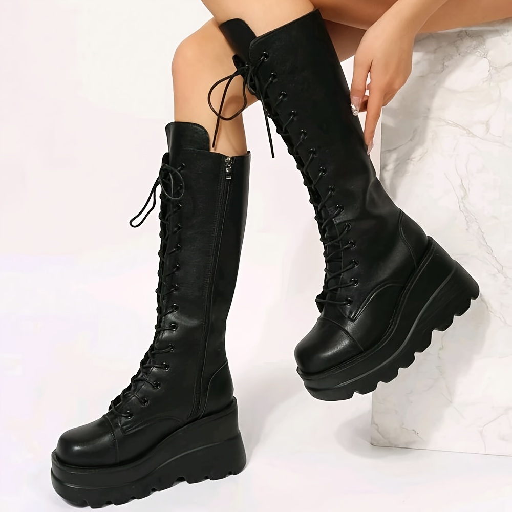 

Womens High Platform Mid Calf Wedges Chunky High Heel Round-toe Side Zip Punk Combat Boots For Women