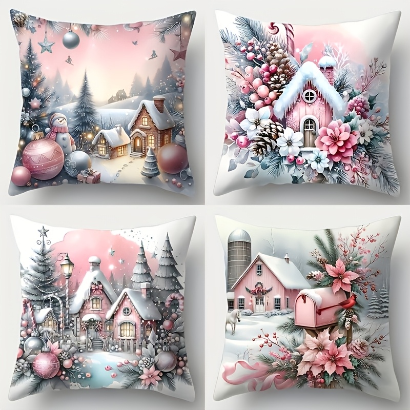 TEMU 4pcs Rustic Christmas Print Pillowcase Set With Poinsettia, Snowman, And Decorative Patterns, Double-sided Design, Zipper Closure, For Living