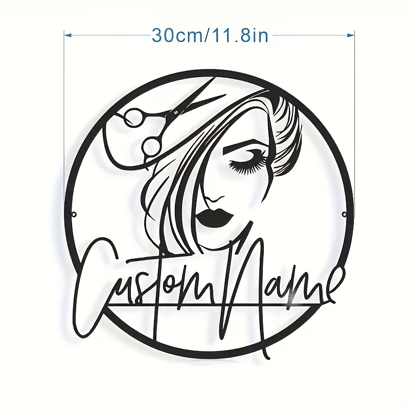 TEMU Art Mural en Fer Personnalisable pour Coiffeurs - Design Moderne Noir Rond avec Nom Personnalisé, Cadeau Idéal pour Salons et Studios de Beauté