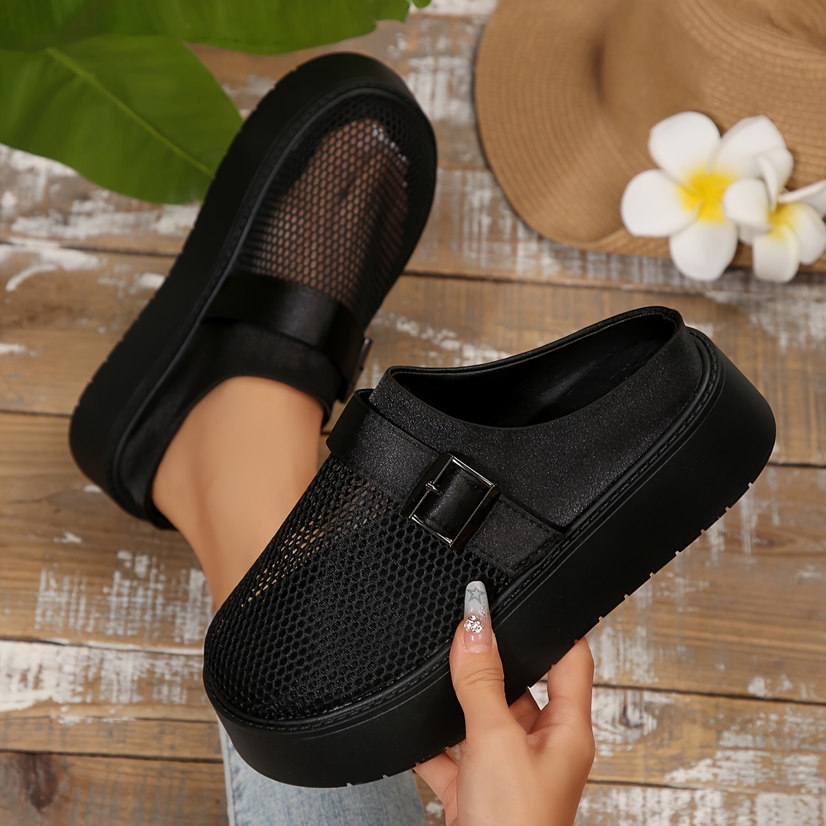 Women's Thick-Soled Half Mesh Breathable Lazy Summer Shoes
