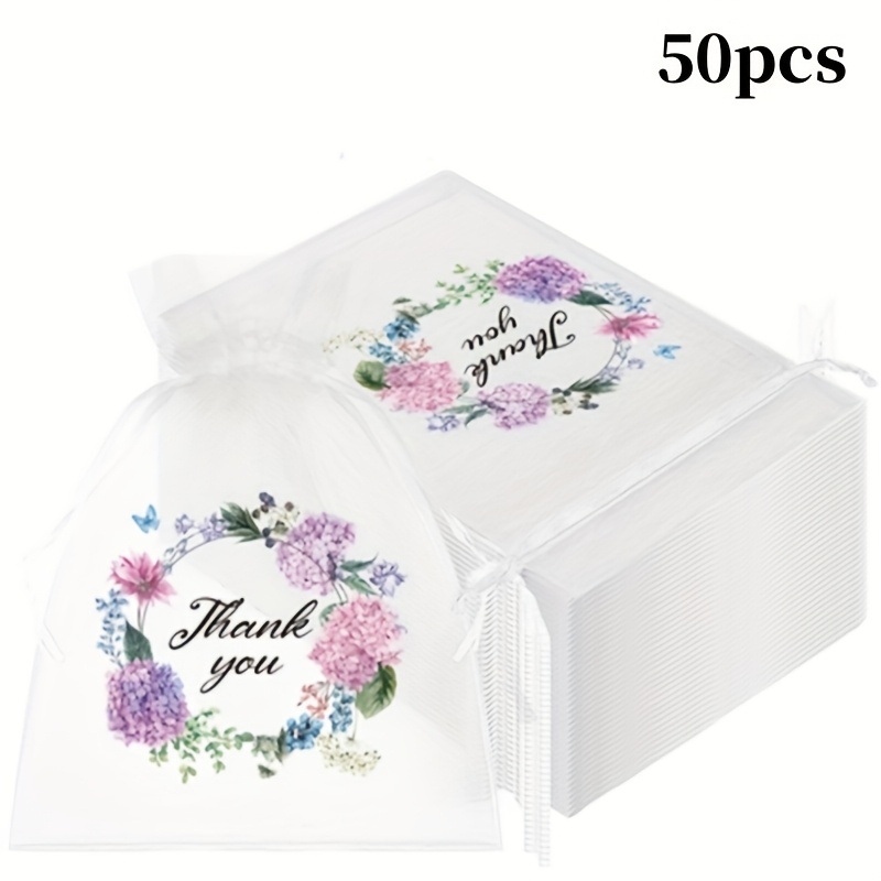 Image of Gift For Her/him 10/20/50pcs Of Sheer Organza Thank You Bags, Small Floral Drawstring Mesh Pouches For Jewelry, Gift Bags For Weddings And Birthday Party Favors