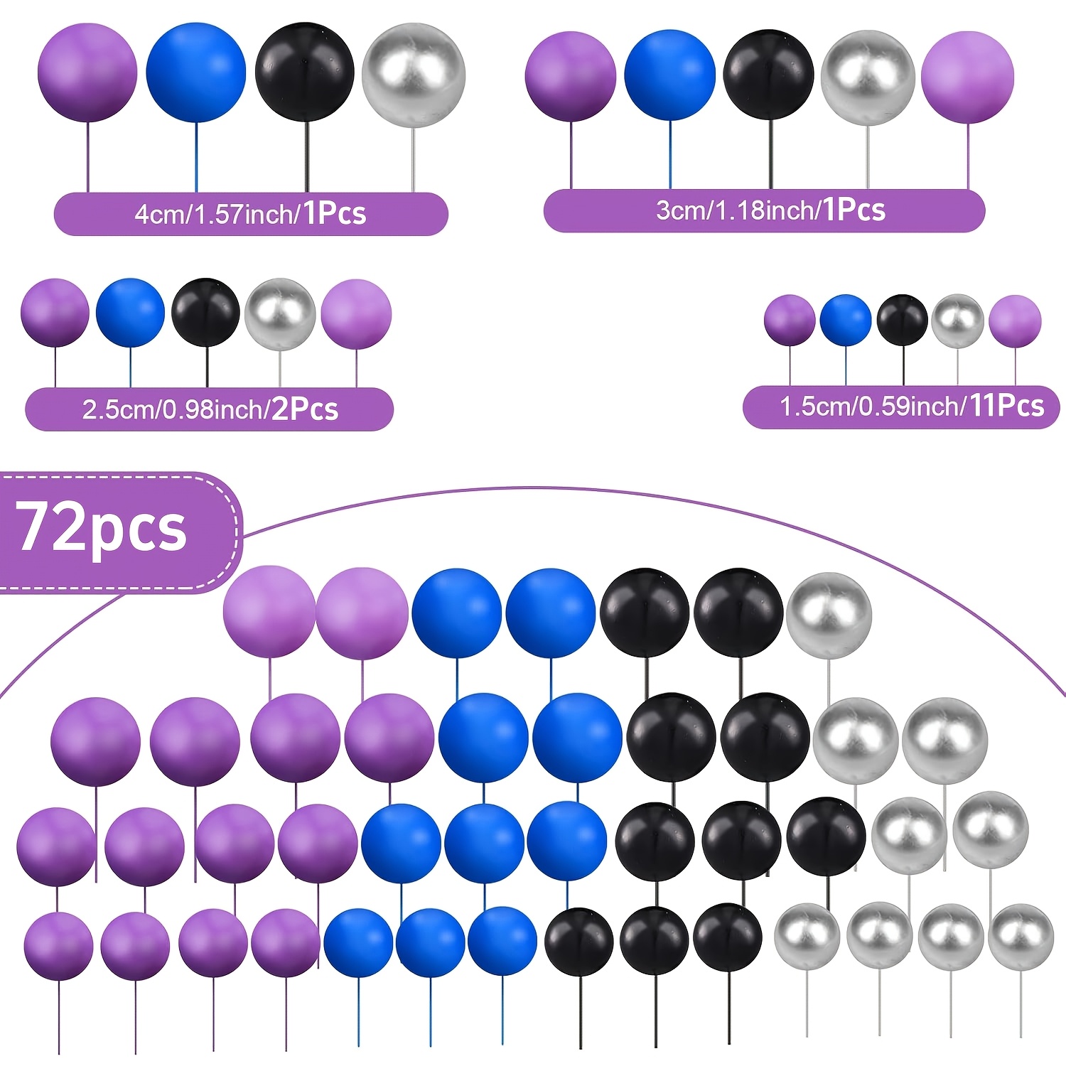 TEMU 72pcs Purple, Black, Silvery, And Blue Birthday Cake Decoration Foam Balls, Multicolor Shiny Ball Toppers, For Holiday And Everyday Color