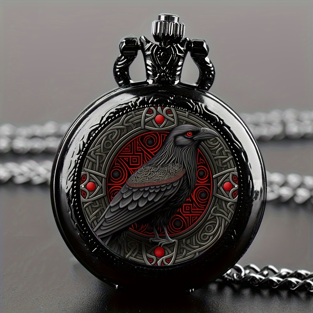 TEMU Stylish Black Pocket Watch - Classic Quartz Mechanism, Circular Metal Case Featuring Detailed Crow Artwork, For Men, Memorial Token