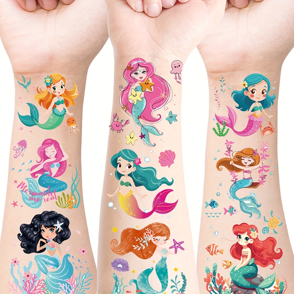 

20-piece Mermaid Temporary Tattoos - Waterproof Ocean Fairy & Sea Creatures Stickers For Beach Parties, Birthday Decorations, And Goodie Bags