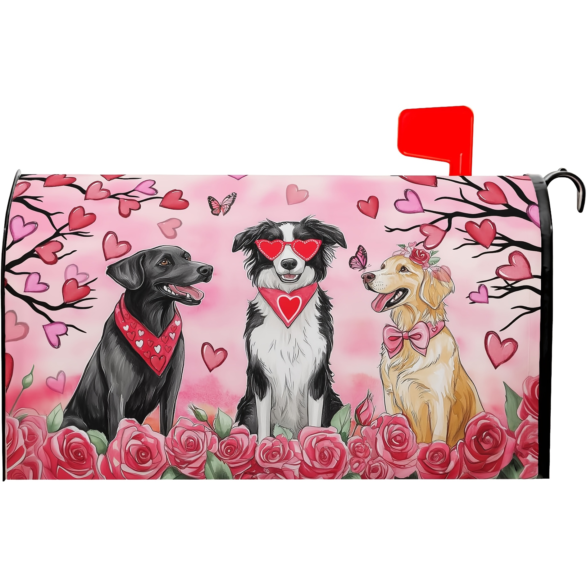 

1pc Valentine's Day Magnetic Mailbox Cover With , Hearts & Dog - Linen, Fastening, Standard Size 21x18 Inch - Ideal For Romantic Anniversaries, Weddings & Garden Decor