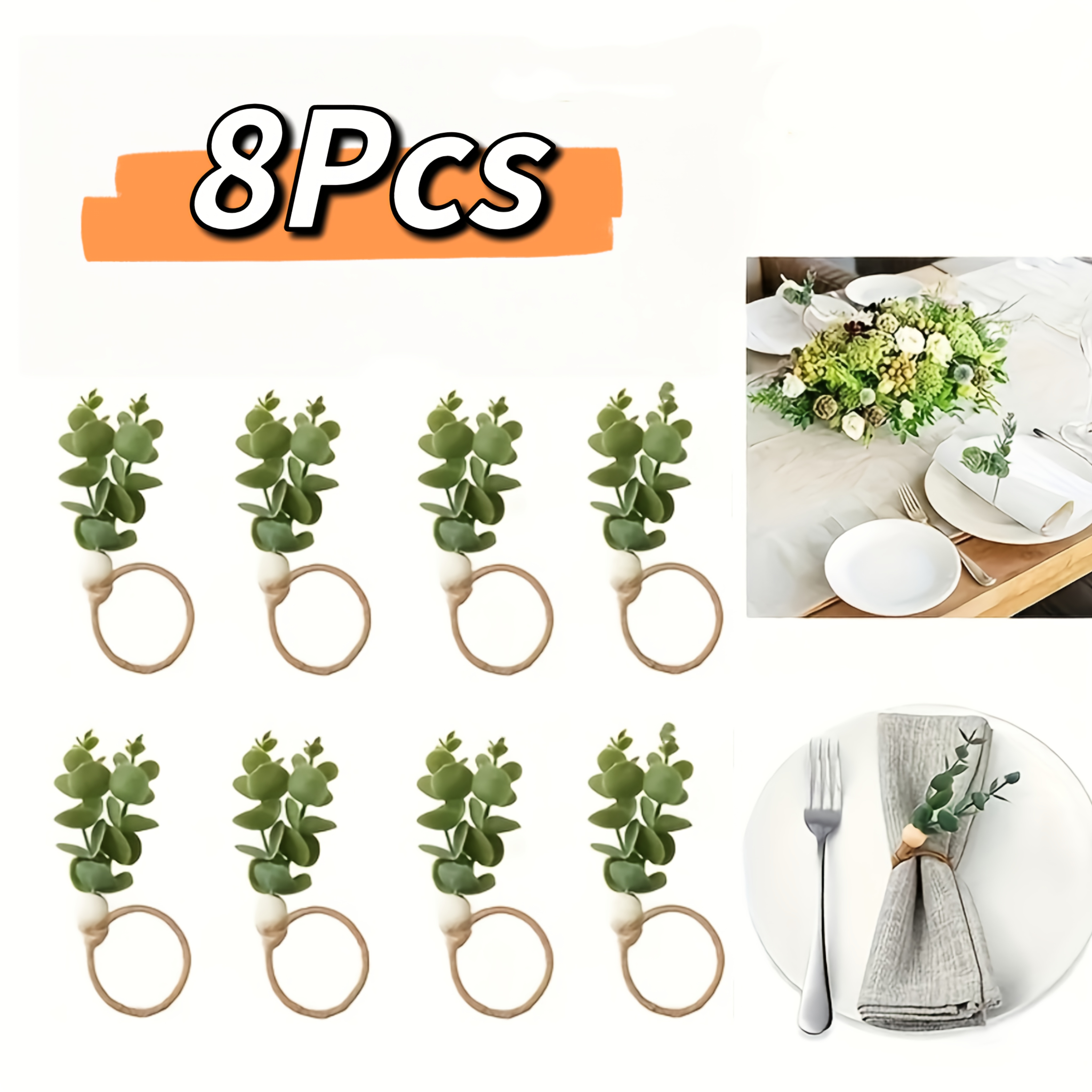 E-shop 8 Stück Serviettenringe, Eukalyptusblatt-Form Serviettenringe, Boho Serviettenringe, Holzperlen Landhausstil Serviettentellerhalter für
