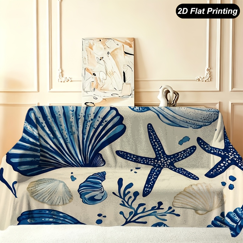 TEMU 1pc Sofa Towel, Cream Pattern Blue White Seashells Starfish Suitable For , Multifunctional, Machine Washable Sofa Cover, Suitable For Decorating