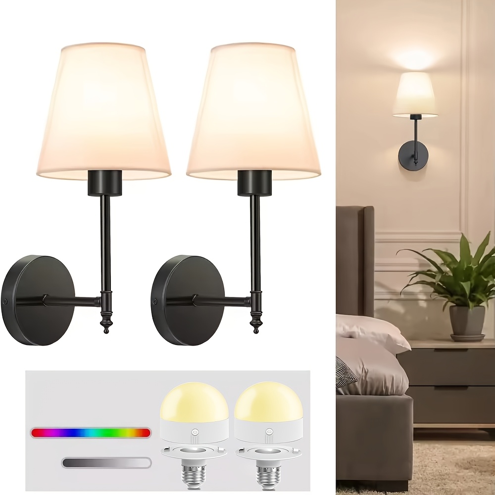 Image of Inch Battery Operated Wall Sconce Set Of 2, Black Rechargeable Wall Lights With 2000mah Dimmable Detachable Bulbs, 12 Colors Wireless Sconces For Bedroom Living Room Hallway Decor