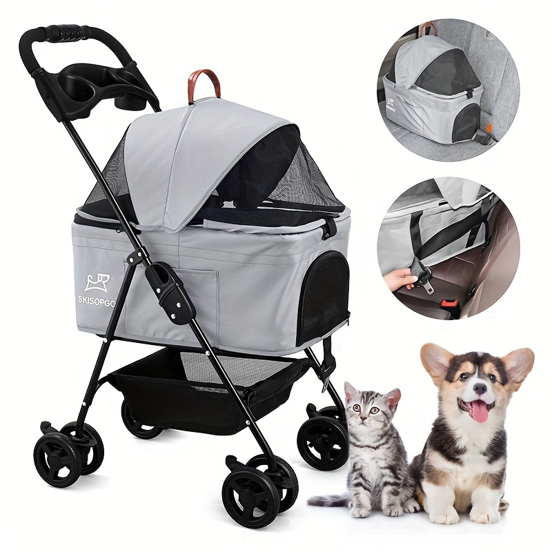 

Dog Cat 3-in-1 Foldable Pet Stroller Detachable Carrier, Car Seat And Stroller With Push Button Entry For Small Pets (gray)