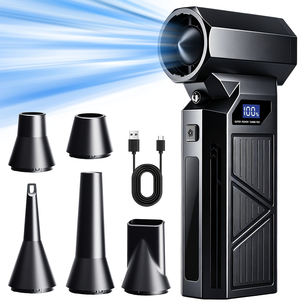 TEMU Turbo Blower 110000rpm Strong Blowing â 4 , 5 Nozzles, Portable Type-c, Led Light For Car , Computer Dusting, Grill Cleaning, Outdoor Camping &